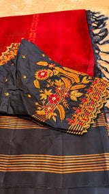 Vasundhara Fashions red and black Uppada Pattu silk saree with intricate gold floral embroidery on the blouse sleeve