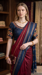 Vasundhara Fashions Uppada Pattu silk saree in maroon and navy blue with intricate gold embroidery and matching blouse