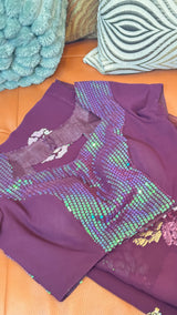 Vasundhara Fashions wine chiffon saree featuring intricate multi-colored floral sequin embroidery and matching blouse
