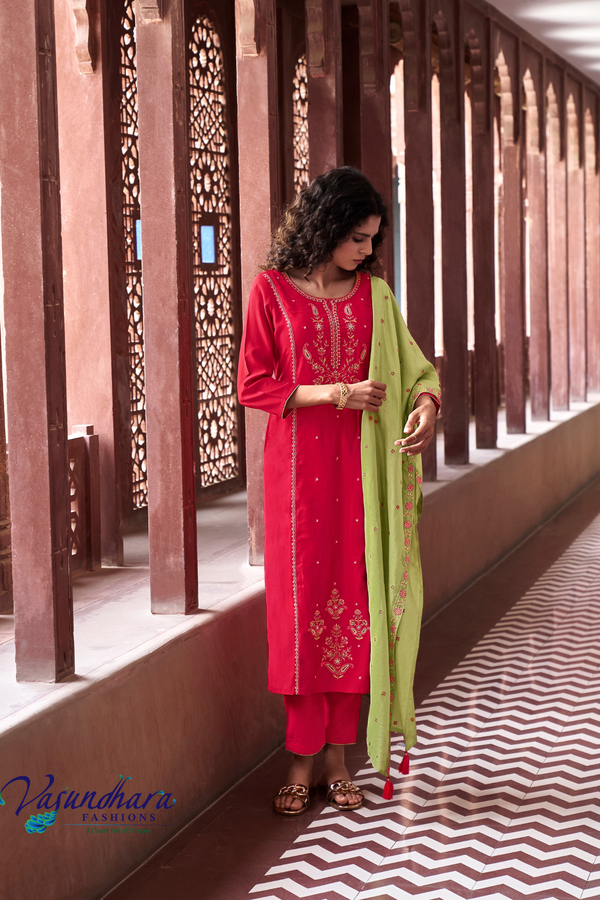 Women's Bright Red & Green Salwar Suit