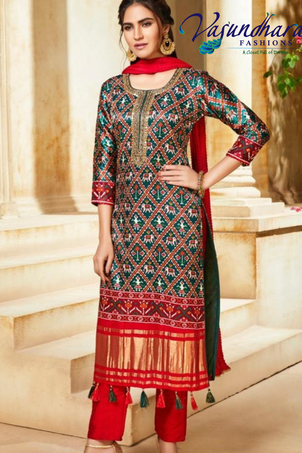 Women's Green and Red Patola Straight Cut Suit