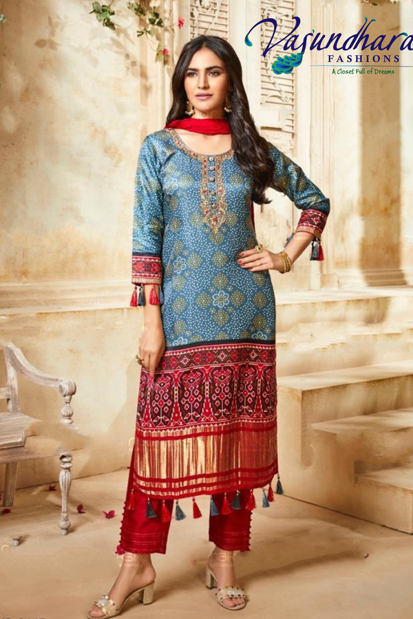 Women's Blue and Red Patola Straight Cut Suit